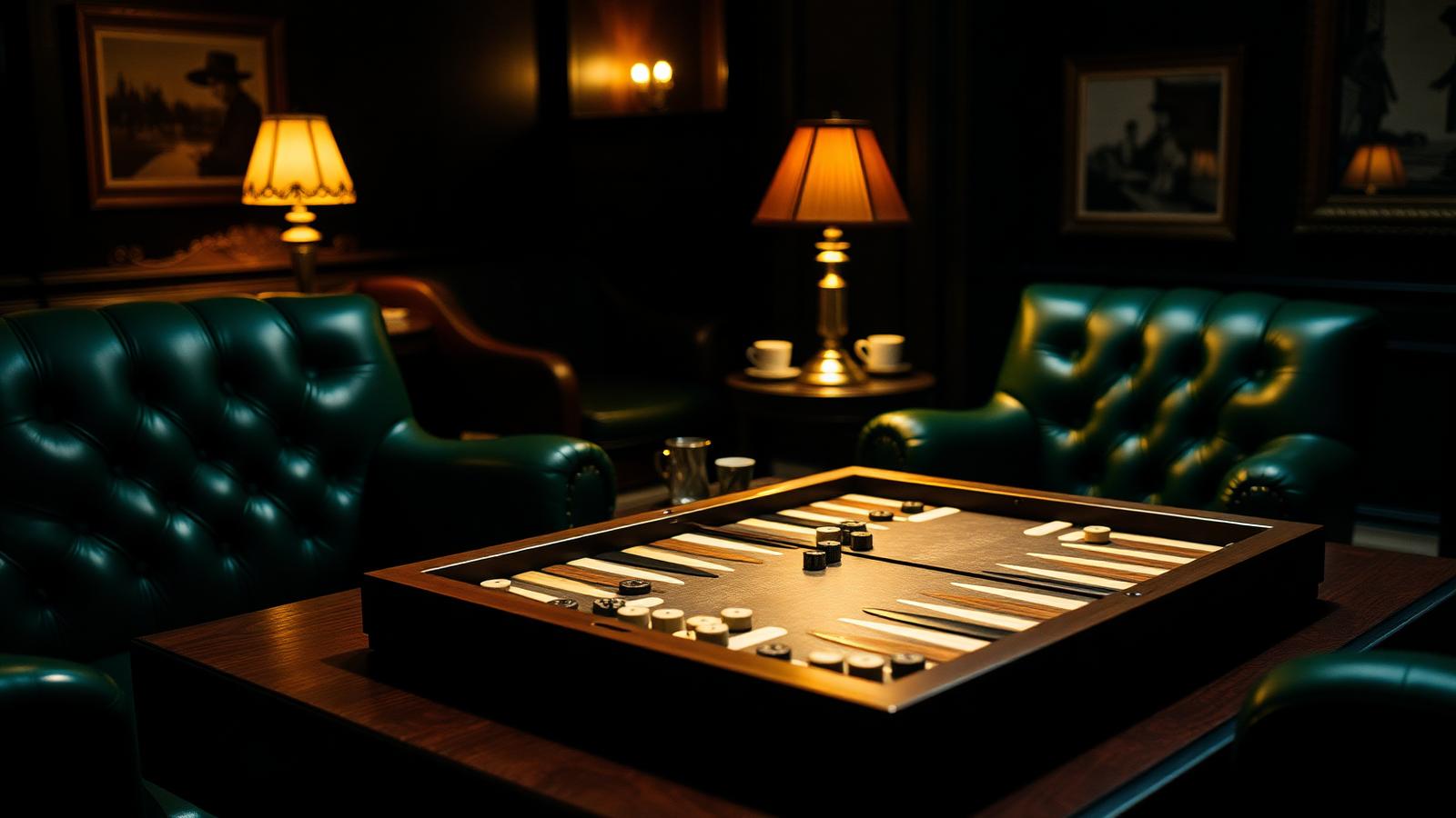 A backgammon board between green leather club chairs under brass lamps in a dark parlor